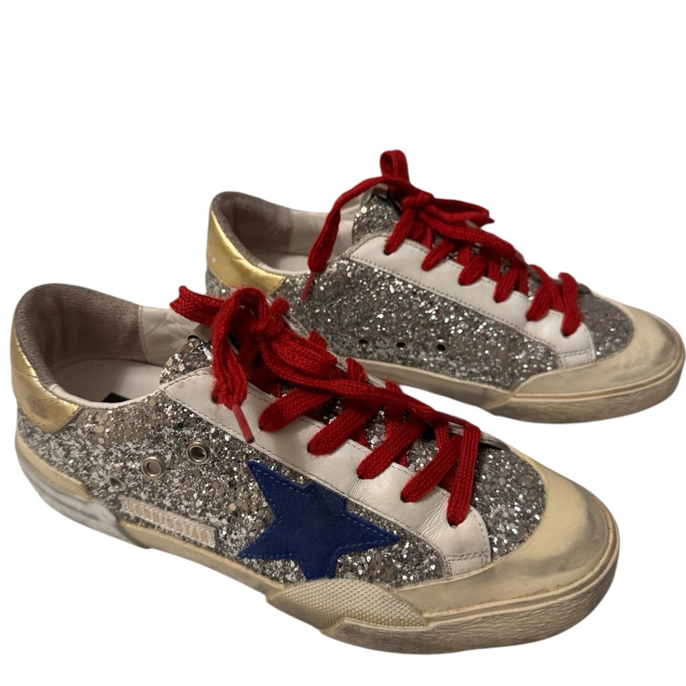 Golden Goose Super Star Silver Glitter Sneakers with Red Laces